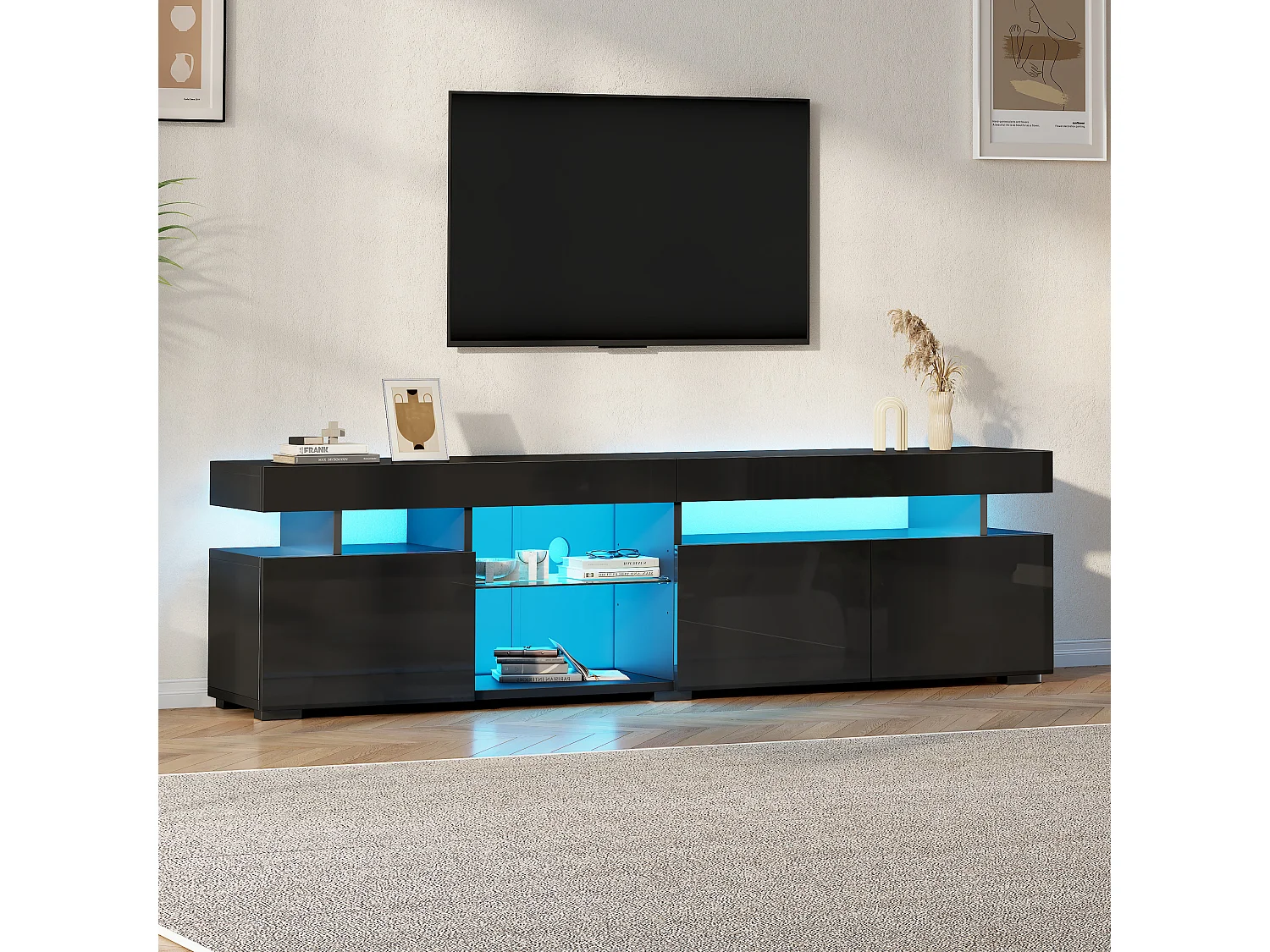 Hochglänzender TV-Schrank 180x35x45 cm - 3 Türen - Mit LED - Höhenverstellbare Einlegeböden aus Sicherheitsglas - Spanplatten - Schwarz