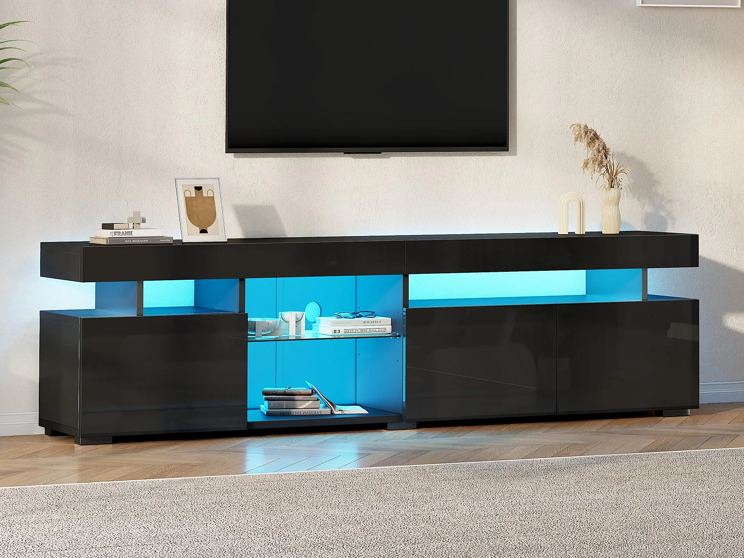 High-gloss lacquered TV stand 180x35x45 cm - 3 doors - With LED lighting - Adjustable tempered glass shelves - Particleboard - Black