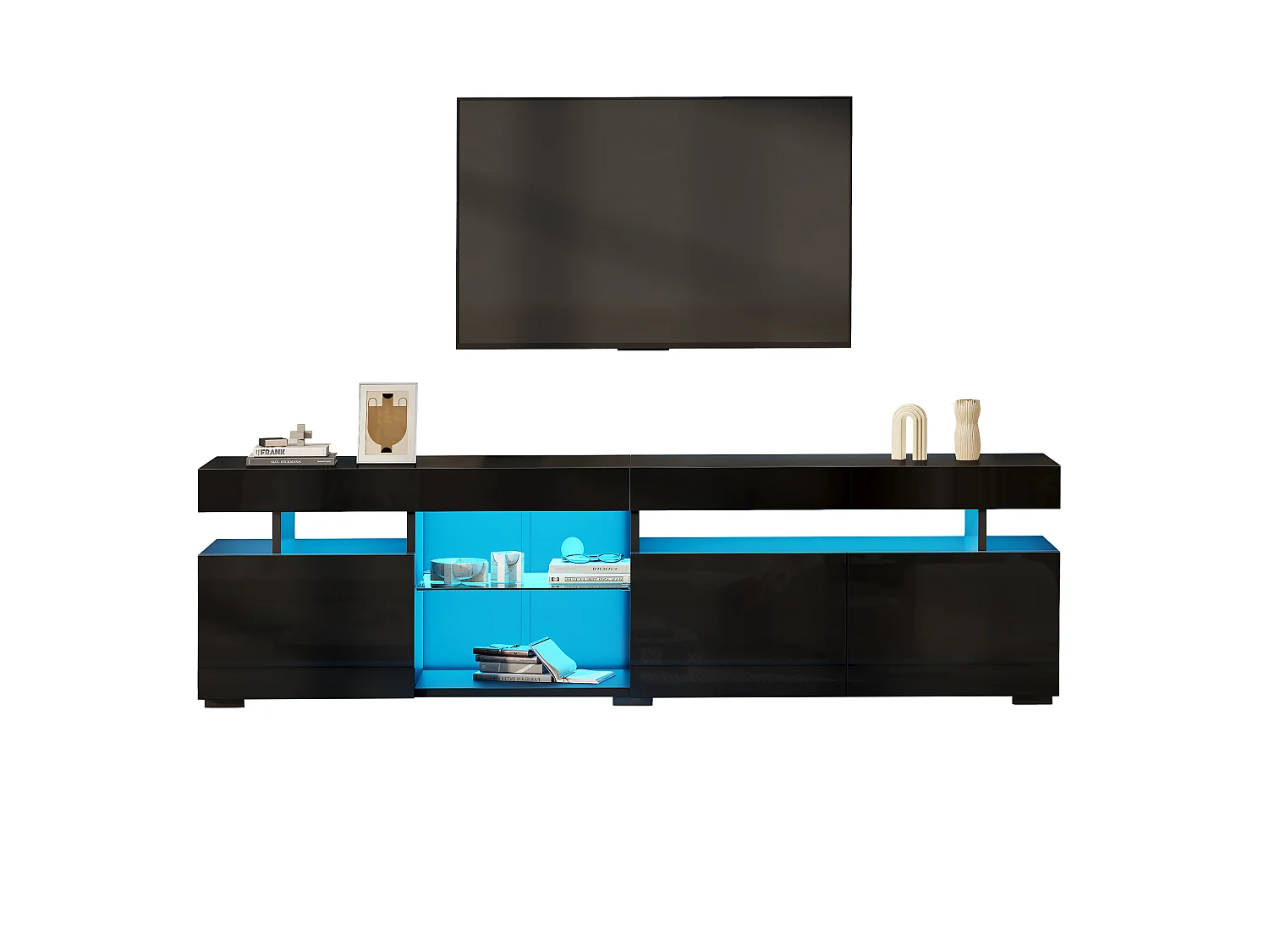 High-gloss lacquered TV stand 180x35x45 cm - 3 doors - With LED lighting - Adjustable tempered glass shelves - Particleboard - Black