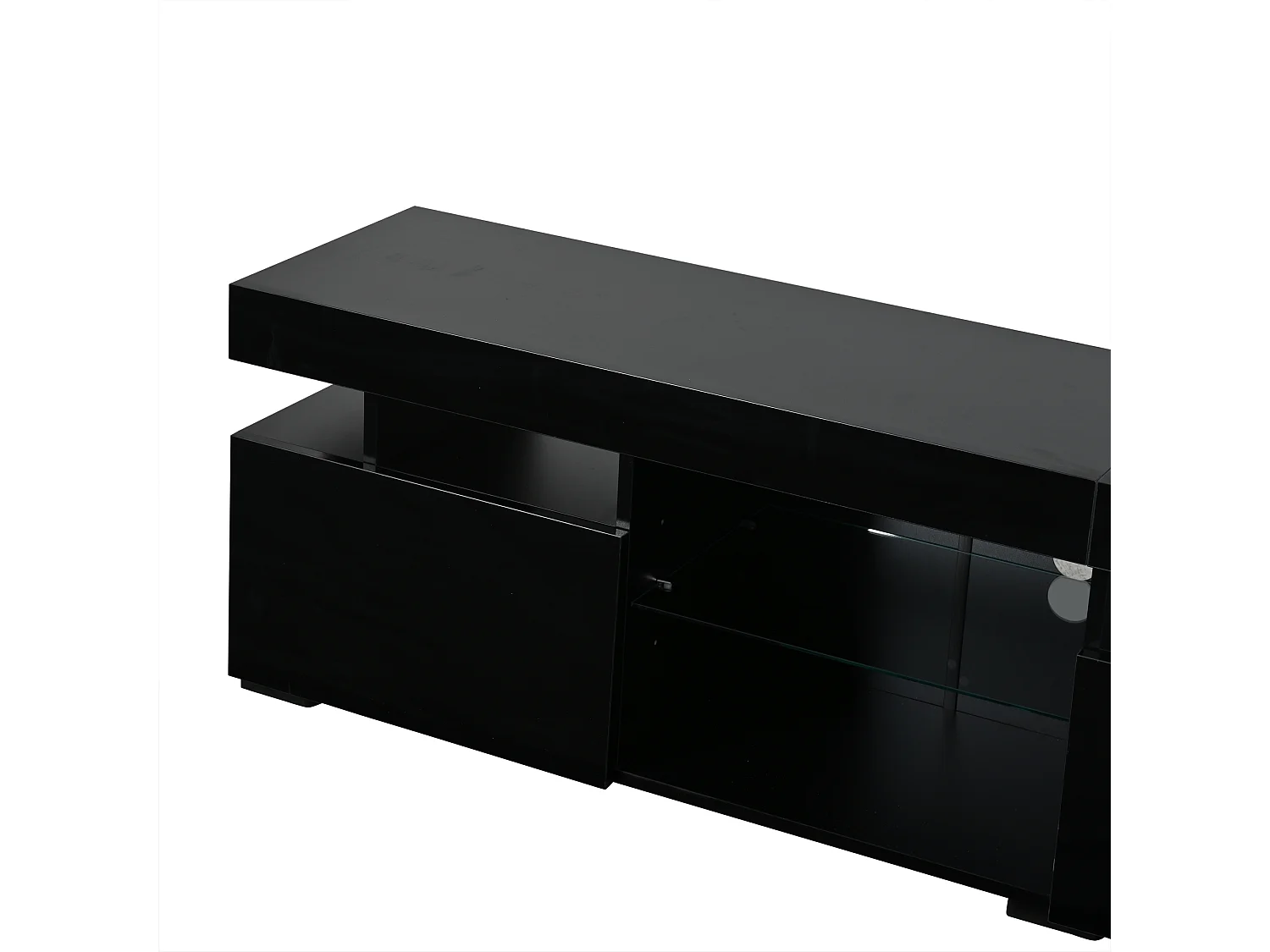 High-gloss lacquered TV stand 180x35x45 cm - 3 doors - With LED lighting - Adjustable tempered glass shelves - Particleboard - Black