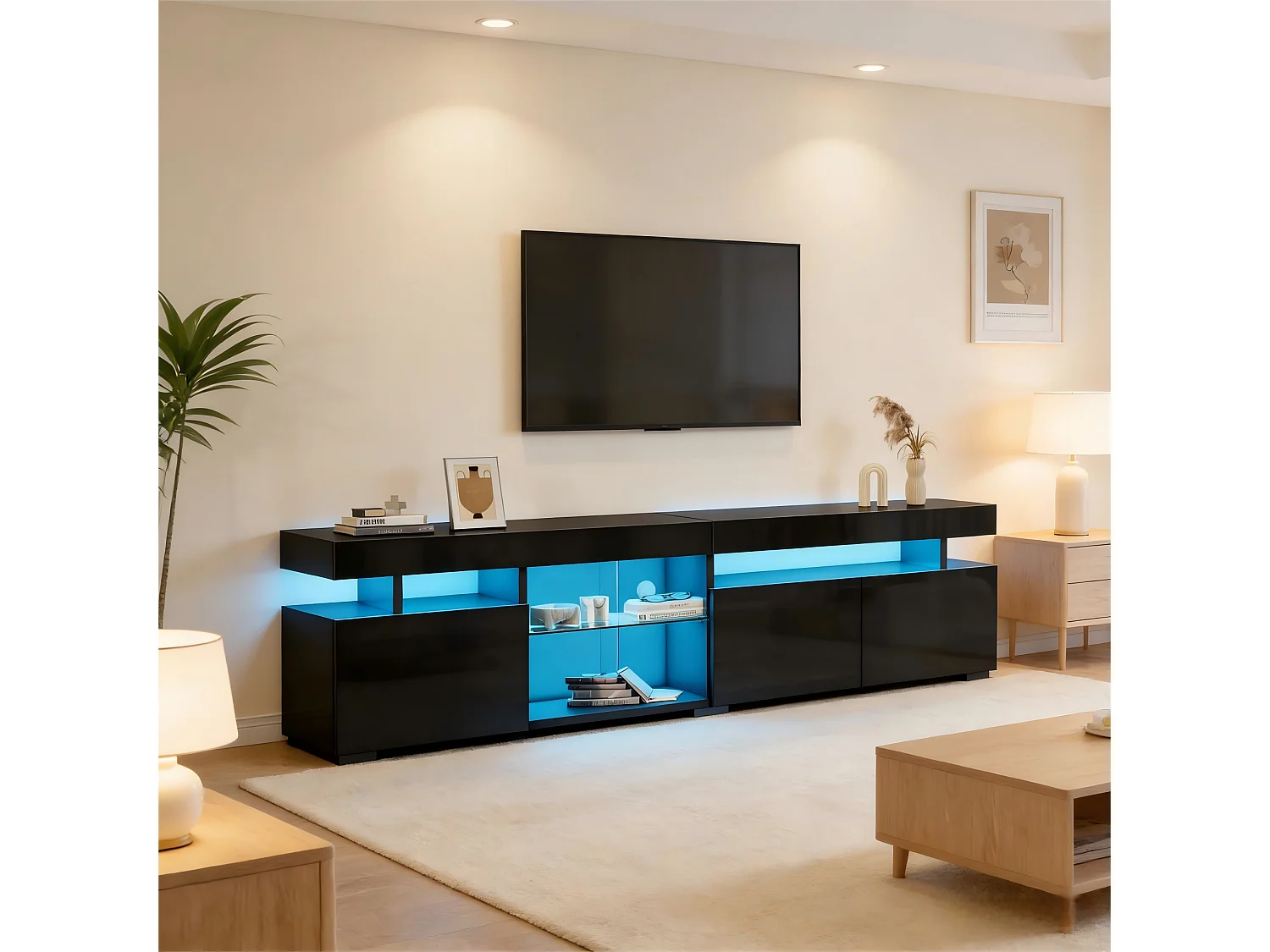 Hochglänzender TV-Schrank 180x35x45 cm - 3 Türen - Mit LED - Höhenverstellbare Einlegeböden aus Sicherheitsglas - Spanplatten - Schwarz