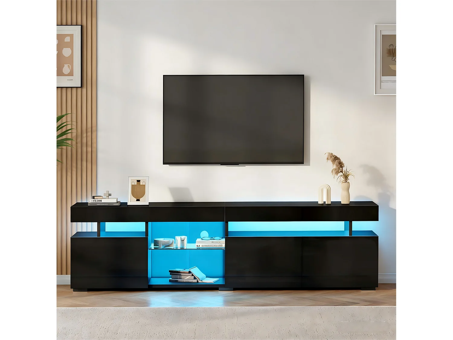 Hochglänzender TV-Schrank 180x35x45 cm - 3 Türen - Mit LED - Höhenverstellbare Einlegeböden aus Sicherheitsglas - Spanplatten - Schwarz