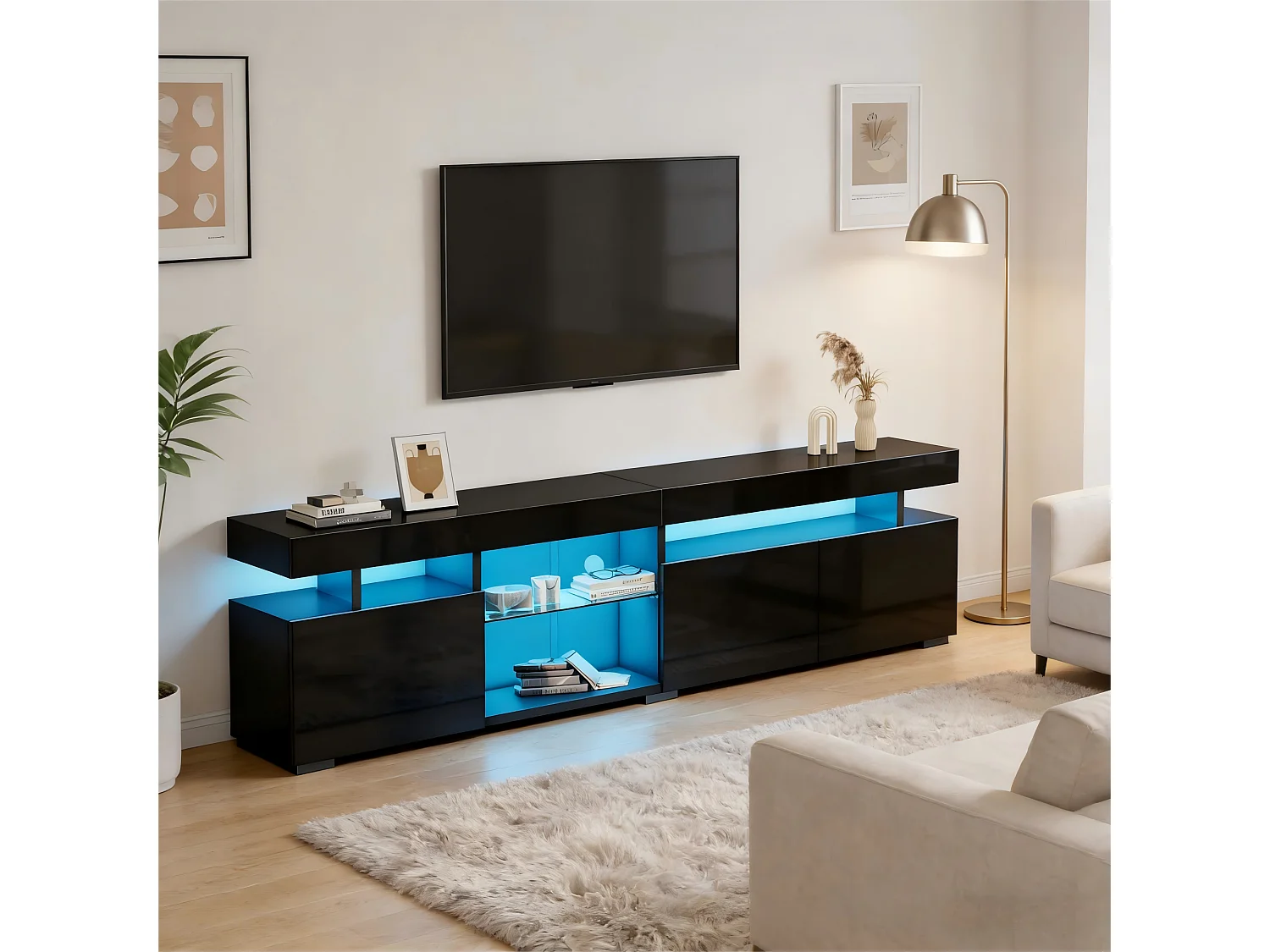 Hochglänzender TV-Schrank 180x35x45 cm - 3 Türen - Mit LED - Höhenverstellbare Einlegeböden aus Sicherheitsglas - Spanplatten - Schwarz