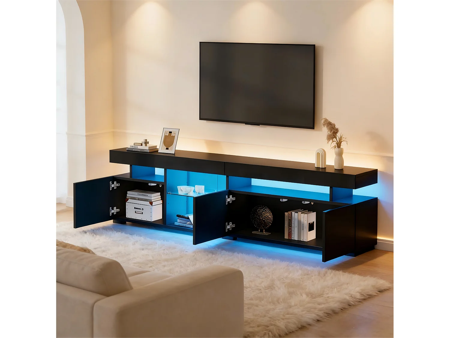 Hochglänzender TV-Schrank 180x35x45 cm - 3 Türen - Mit LED - Höhenverstellbare Einlegeböden aus Sicherheitsglas - Spanplatten - Schwarz