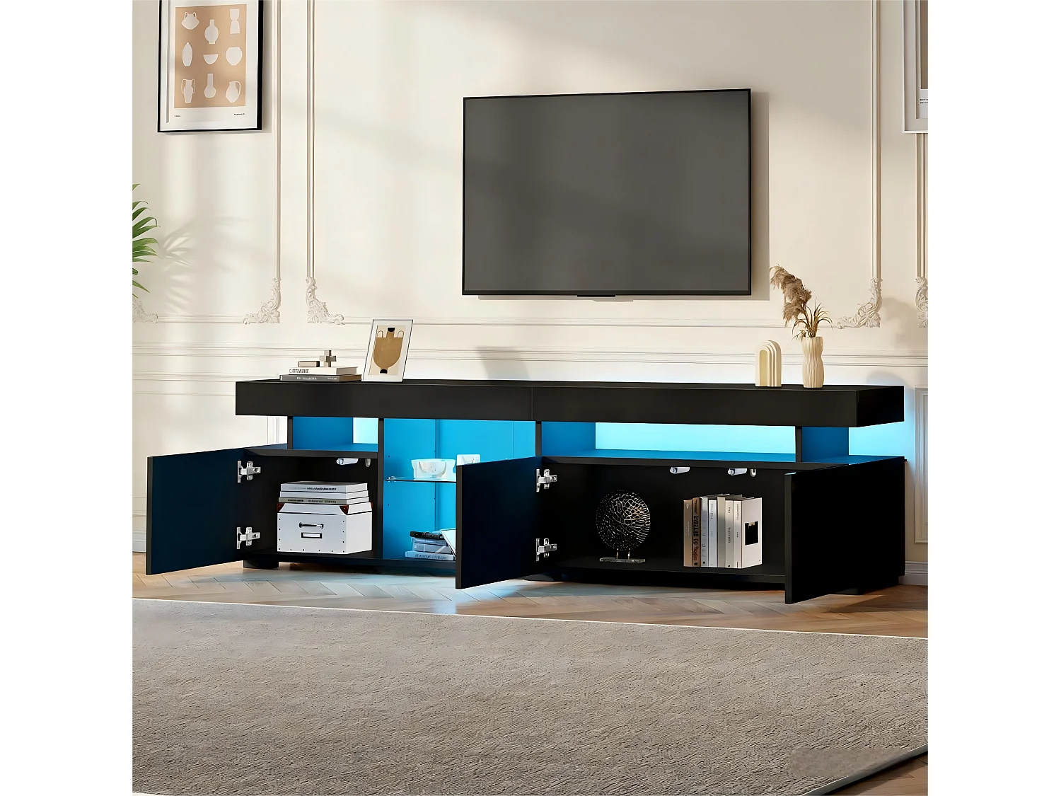 Hochglänzender TV-Schrank 180x35x45 cm - 3 Türen - Mit LED - Höhenverstellbare Einlegeböden aus Sicherheitsglas - Spanplatten - Schwarz