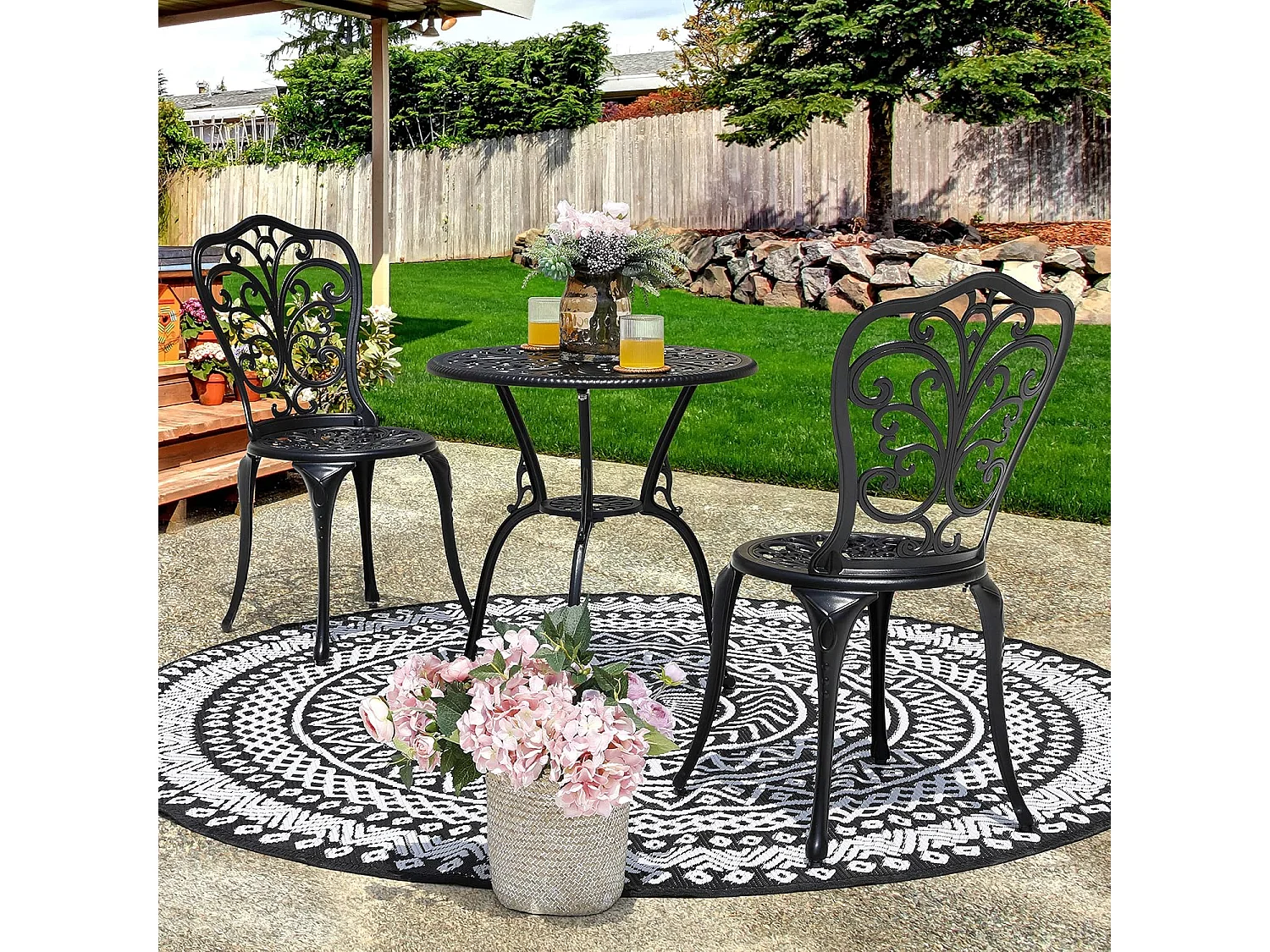 Ensemble de Patio Extérieur 3 Pièces en Aluminium Moulé avec Trou de Parapluie de 4,5 cm