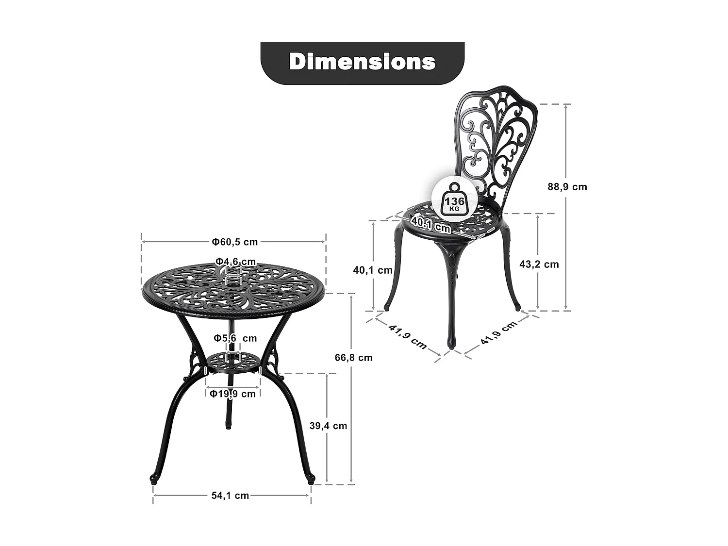 Ensemble de Patio Extérieur 3 Pièces en Aluminium Moulé avec Trou de Parapluie de 4,5 cm