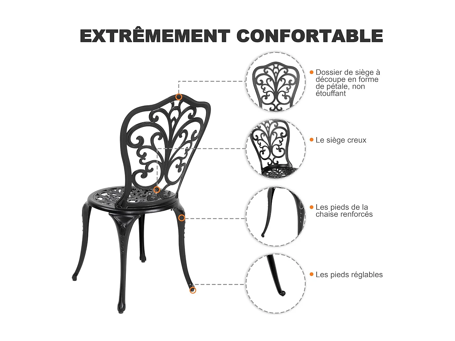 Ensemble de Patio Extérieur 3 Pièces en Aluminium Moulé avec Trou de Parapluie de 4,5 cm