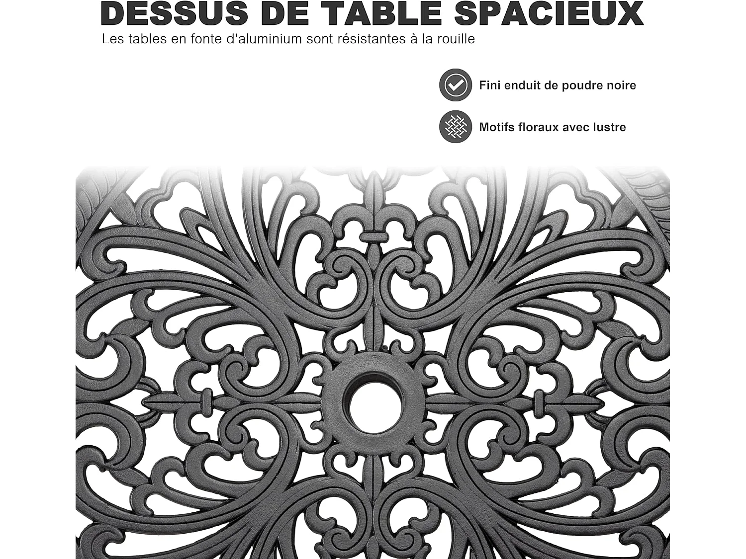 Ensemble de Patio Extérieur 3 Pièces en Aluminium Moulé avec Trou de Parapluie de 4,5 cm