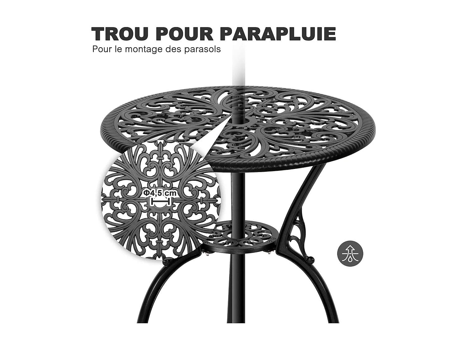 Ensemble de Patio Extérieur 3 Pièces en Aluminium Moulé avec Trou de Parapluie de 4,5 cm