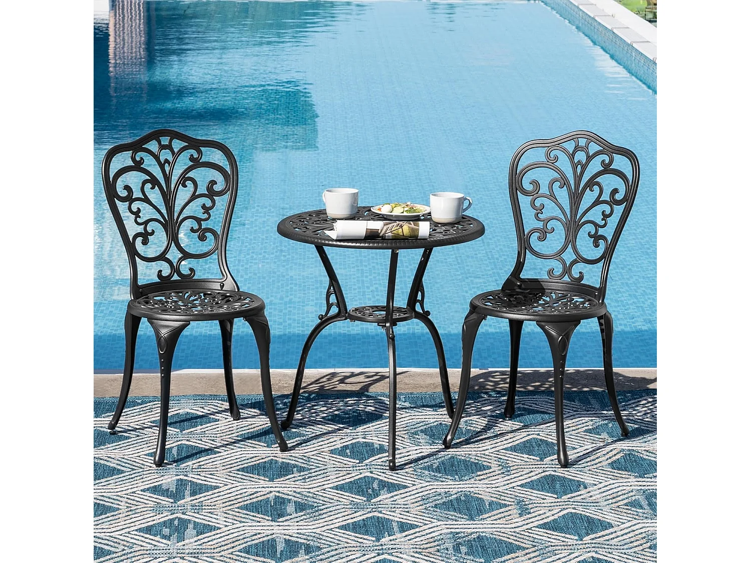 Ensemble de Patio Extérieur 3 Pièces en Aluminium Moulé avec Trou de Parapluie de 4,5 cm