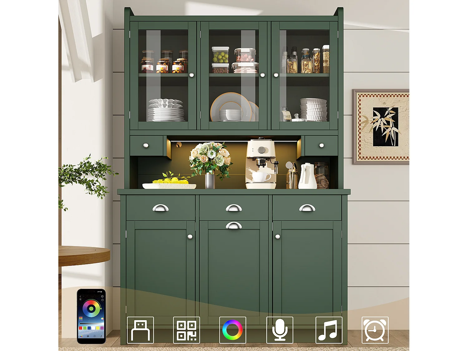 Hohes Küchen-Sideboard – 120 x 40 x 180 cm – mit Schubladen, 2 Stautüren, LED-Beleuchtung und 3 Glastüren – MDF – grün