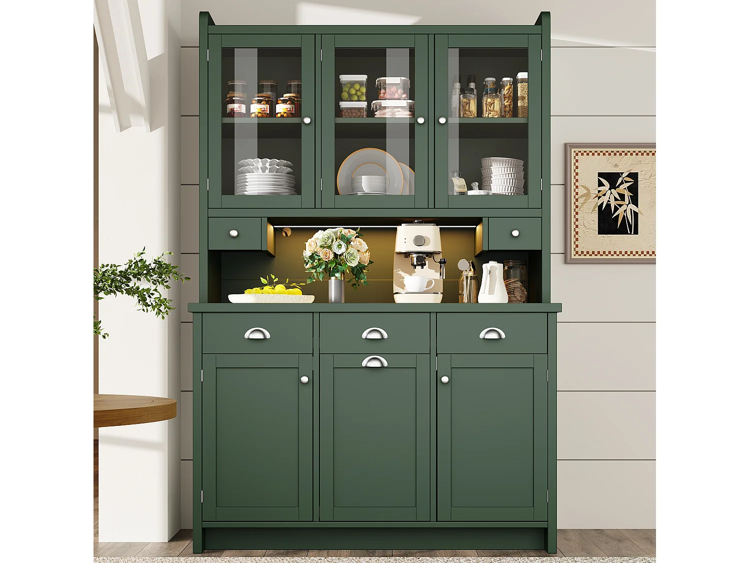 Hohes Küchen-Sideboard – 120 x 40 x 180 cm – mit Schubladen, 2 Stautüren, LED-Beleuchtung und 3 Glastüren – MDF – grün