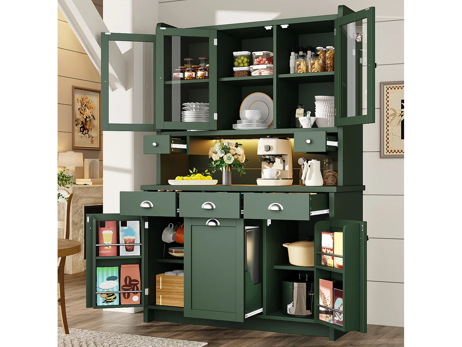 Hohes Küchen-Sideboard – 120 x 40 x 180 cm – mit Schubladen, 2 Stautüren, LED-Beleuchtung und 3 Glastüren – MDF – grün