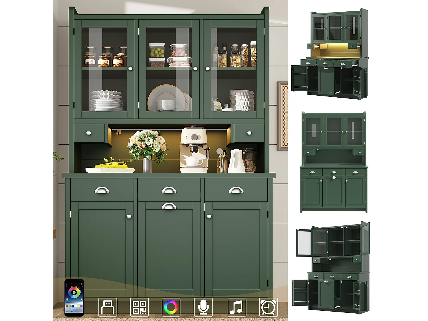 Hohes Küchen-Sideboard – 120 x 40 x 180 cm – mit Schubladen, 2 Stautüren, LED-Beleuchtung und 3 Glastüren – MDF – grün