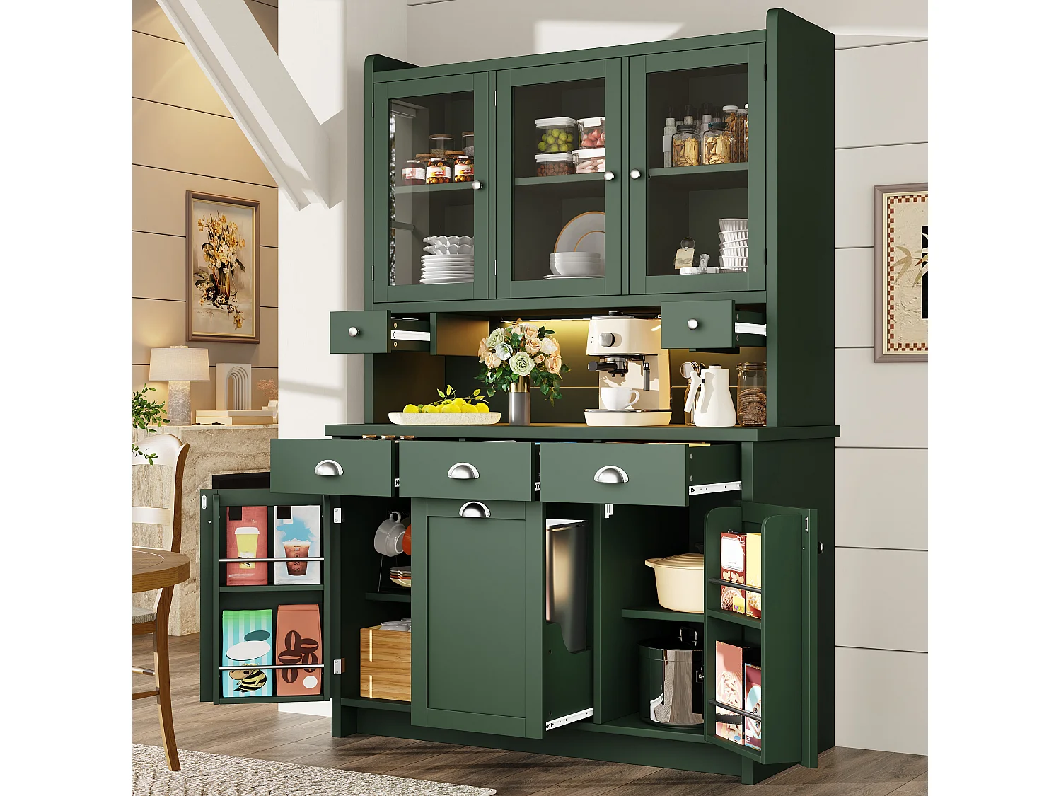 Hohes Küchen-Sideboard – 120 x 40 x 180 cm – mit Schubladen, 2 Stautüren, LED-Beleuchtung und 3 Glastüren – MDF – grün