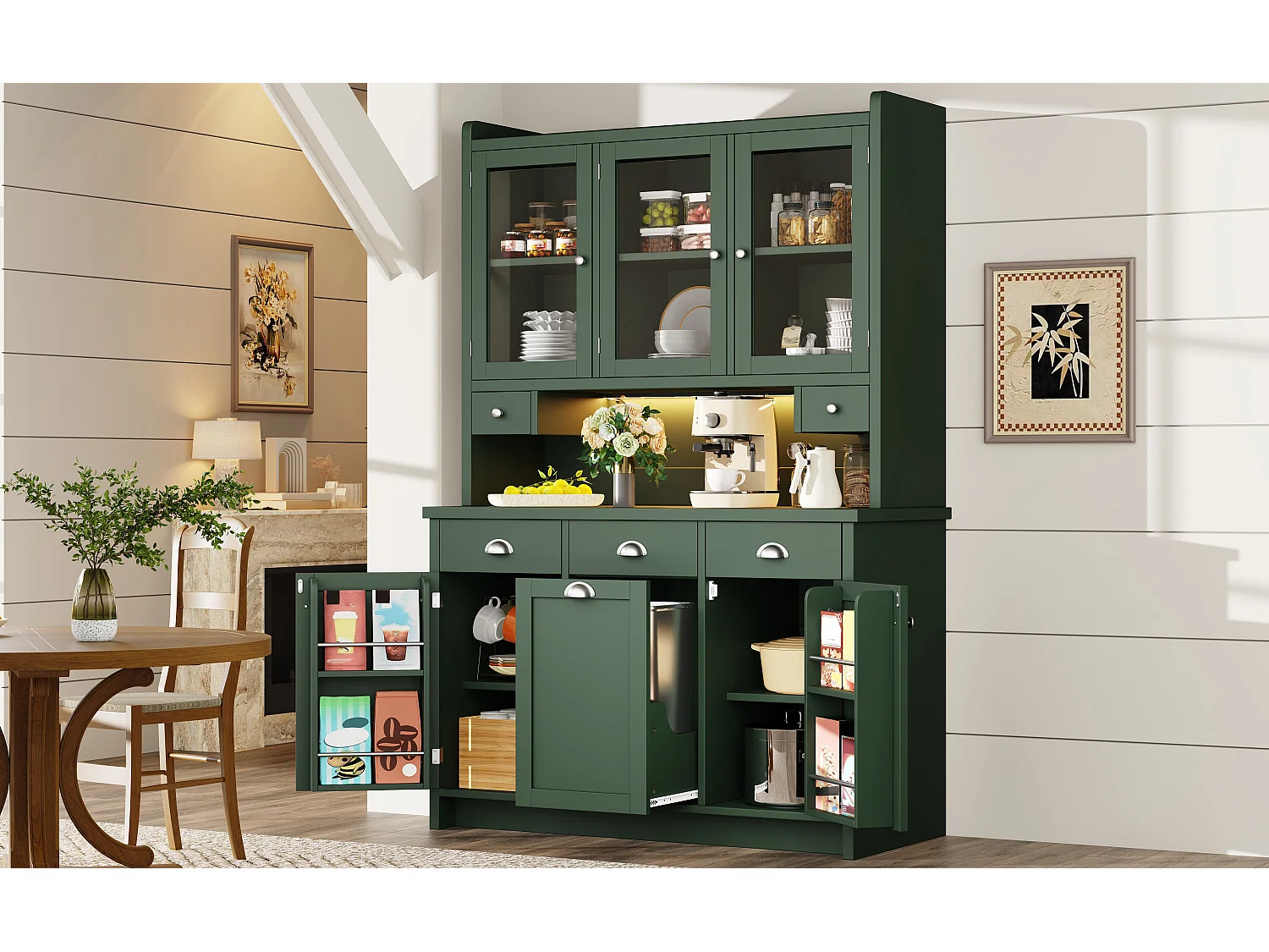 Hohes Küchen-Sideboard – 120 x 40 x 180 cm – mit Schubladen, 2 Stautüren, LED-Beleuchtung und 3 Glastüren – MDF – grün