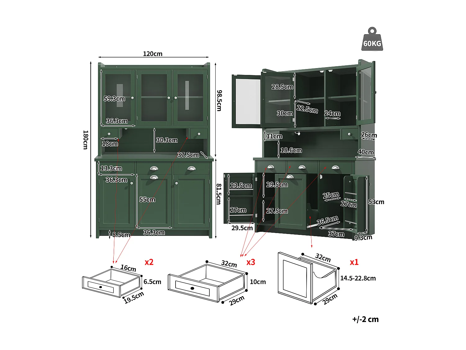 Hohes Küchen-Sideboard – 120 x 40 x 180 cm – mit Schubladen, 2 Stautüren, LED-Beleuchtung und 3 Glastüren – MDF – grün
