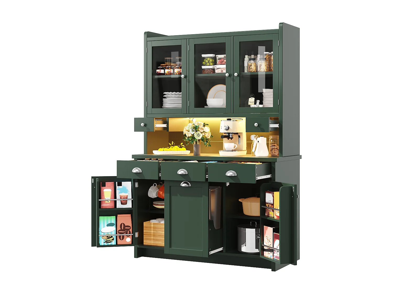 Hohes Küchen-Sideboard – 120 x 40 x 180 cm – mit Schubladen, 2 Stautüren, LED-Beleuchtung und 3 Glastüren – MDF – grün