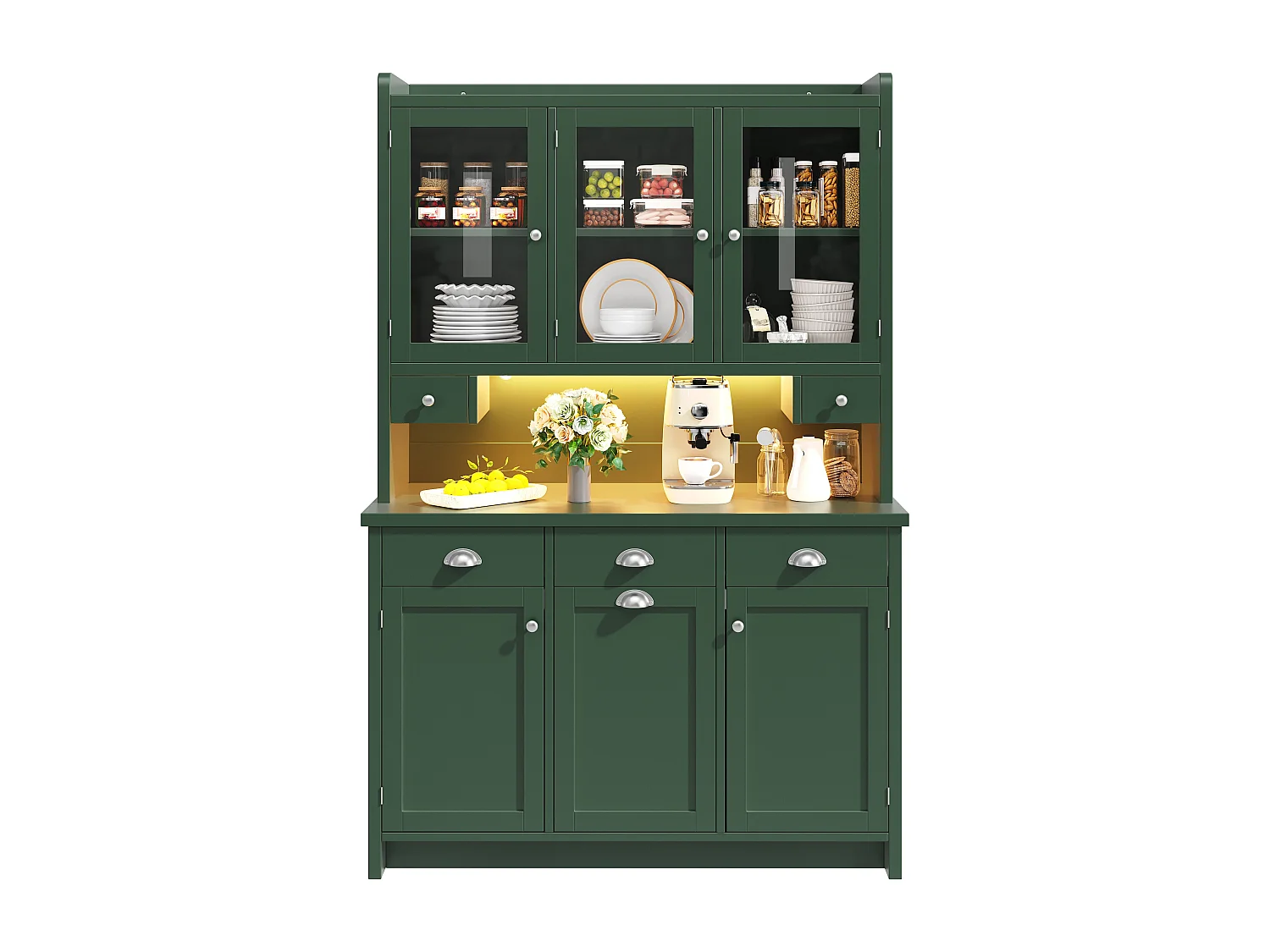 Hohes Küchen-Sideboard – 120 x 40 x 180 cm – mit Schubladen, 2 Stautüren, LED-Beleuchtung und 3 Glastüren – MDF – grün