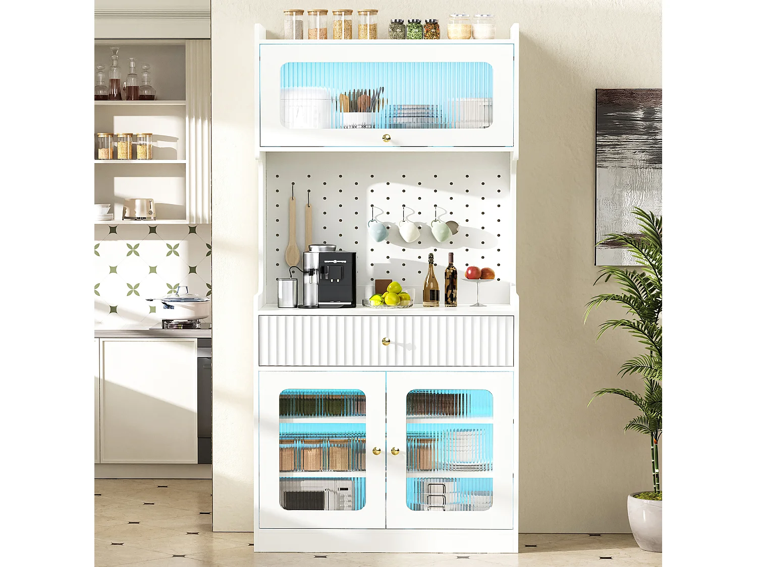 Buffet de cuisine moderne 80x40x180cm - avec éclairage LED - avec étagères et tiroirs réglables - 3 portes vitrées - Blanc