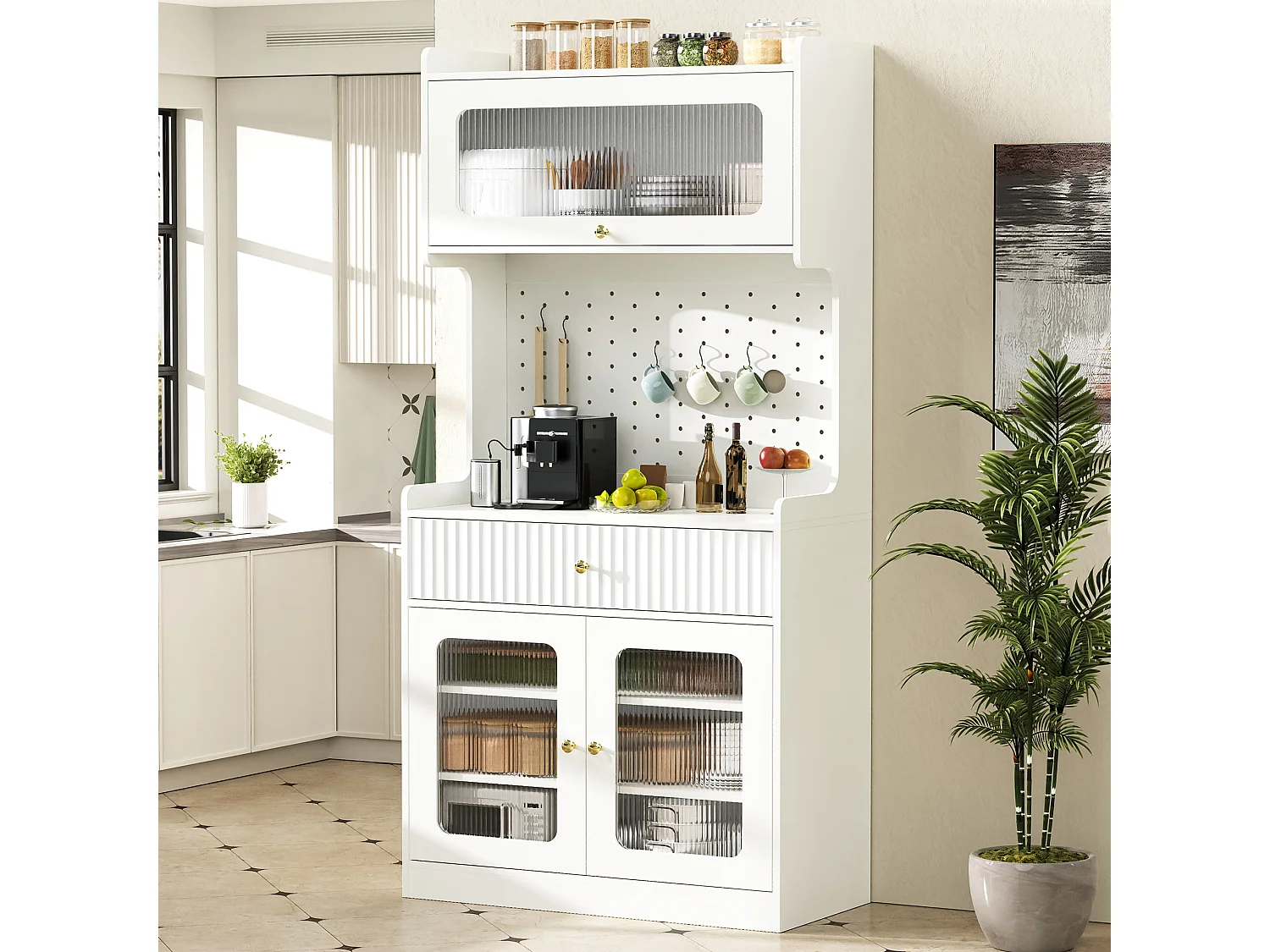 Buffet de cuisine moderne 80x40x180cm - avec éclairage LED - avec étagères et tiroirs réglables - 3 portes vitrées - Blanc