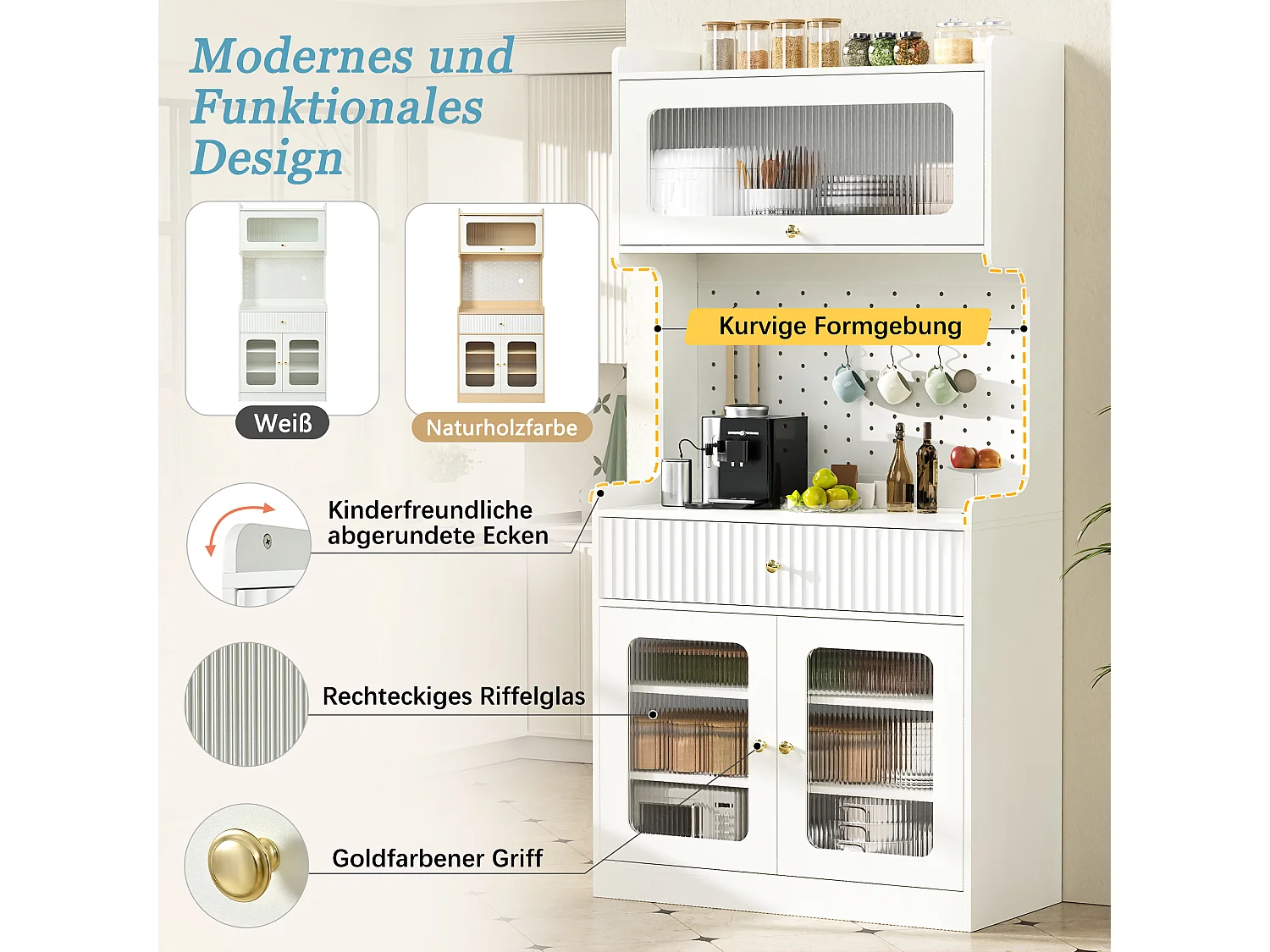 Buffet de cuisine moderne 80x40x180cm - avec éclairage LED - avec étagères et tiroirs réglables - 3 portes vitrées - Blanc