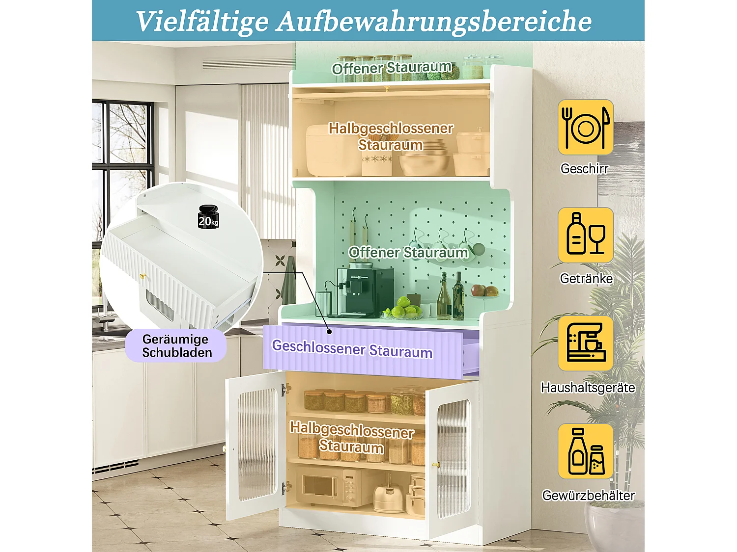 Buffet de cuisine moderne 80x40x180cm - avec éclairage LED - avec étagères et tiroirs réglables - 3 portes vitrées - Blanc