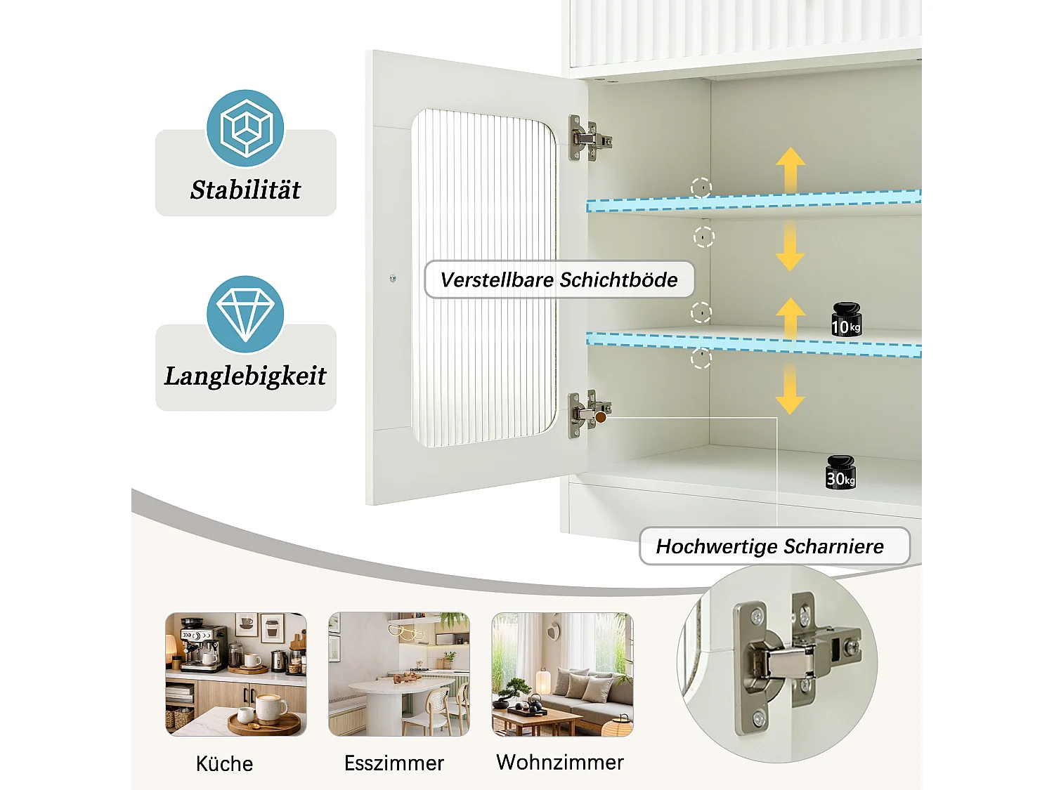 Buffet de cuisine moderne 80x40x180cm - avec éclairage LED - avec étagères et tiroirs réglables - 3 portes vitrées - Blanc