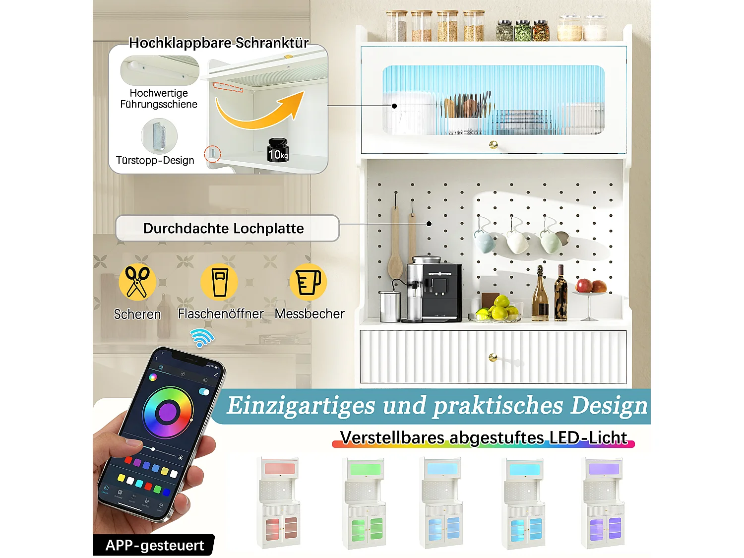 Buffet de cuisine moderne 80x40x180cm - avec éclairage LED - avec étagères et tiroirs réglables - 3 portes vitrées - Blanc