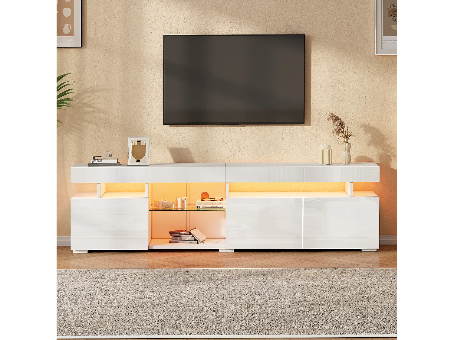 Hochglänzender TV-Schrank 180x35x45 cm - 3 Türen - Mit LED - Höhenverstellbare Einlegeböden aus Sicherheitsglas - Spanplatten - Weiß