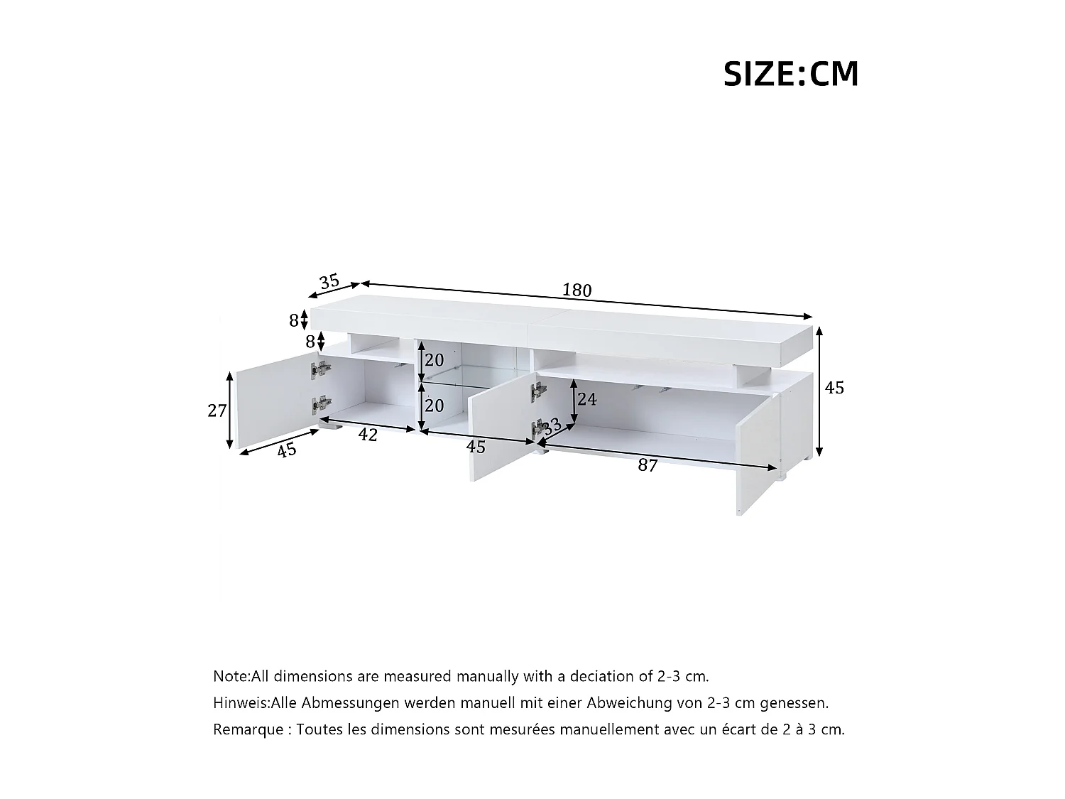 Hochglänzender TV-Schrank 180x35x45 cm - 3 Türen - Mit LED - Höhenverstellbare Einlegeböden aus Sicherheitsglas - Spanplatten - Weiß