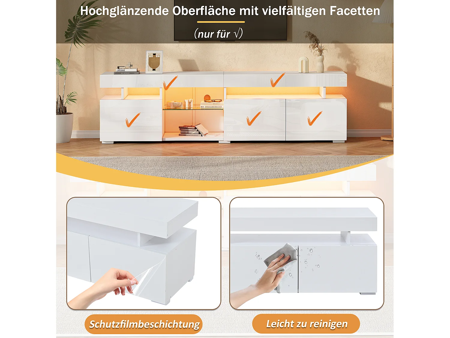 Hochglänzender TV-Schrank 180x35x45 cm - 3 Türen - Mit LED - Höhenverstellbare Einlegeböden aus Sicherheitsglas - Spanplatten - Weiß