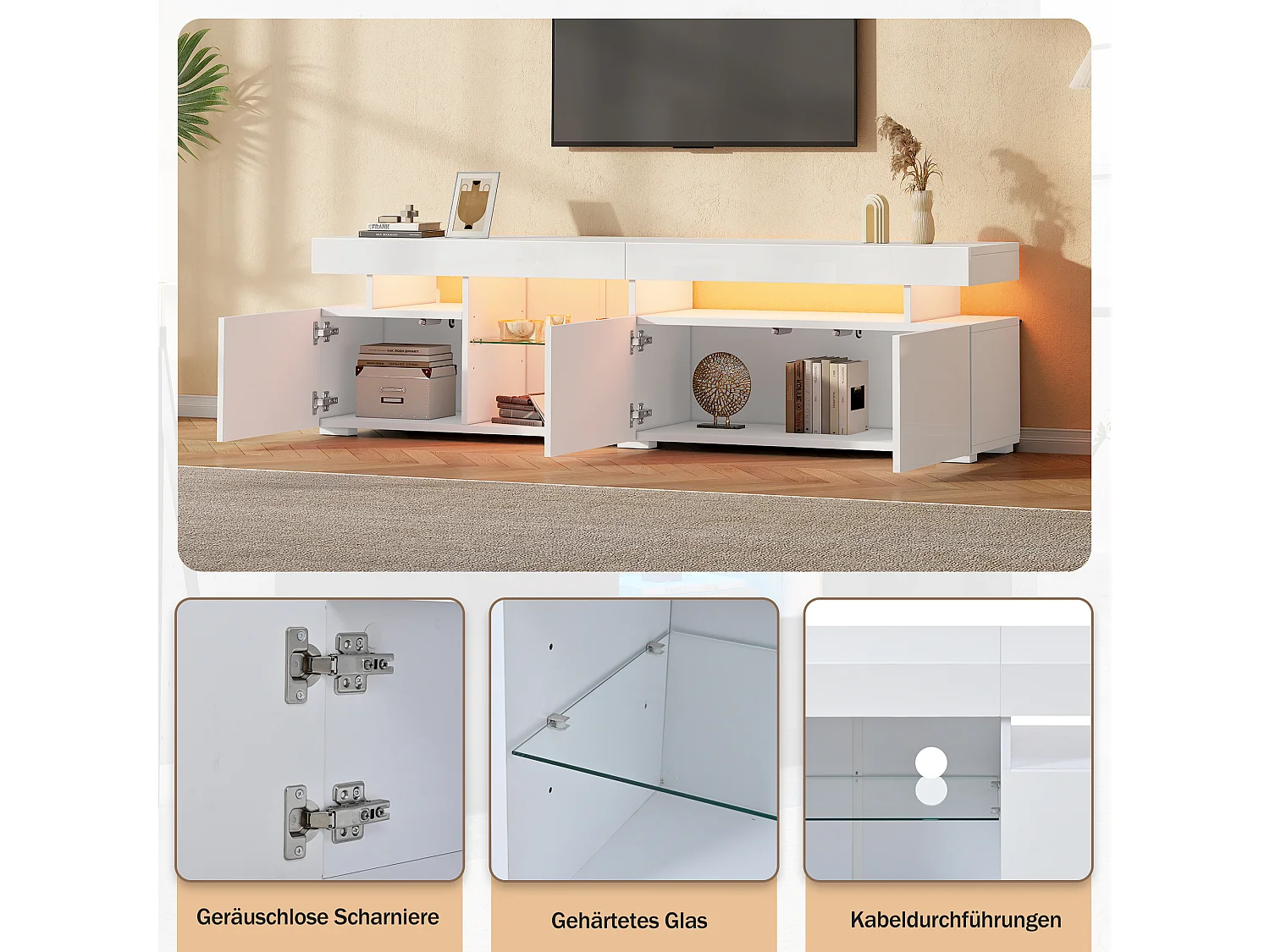 Hochglänzender TV-Schrank 180x35x45 cm - 3 Türen - Mit LED - Höhenverstellbare Einlegeböden aus Sicherheitsglas - Spanplatten - Weiß