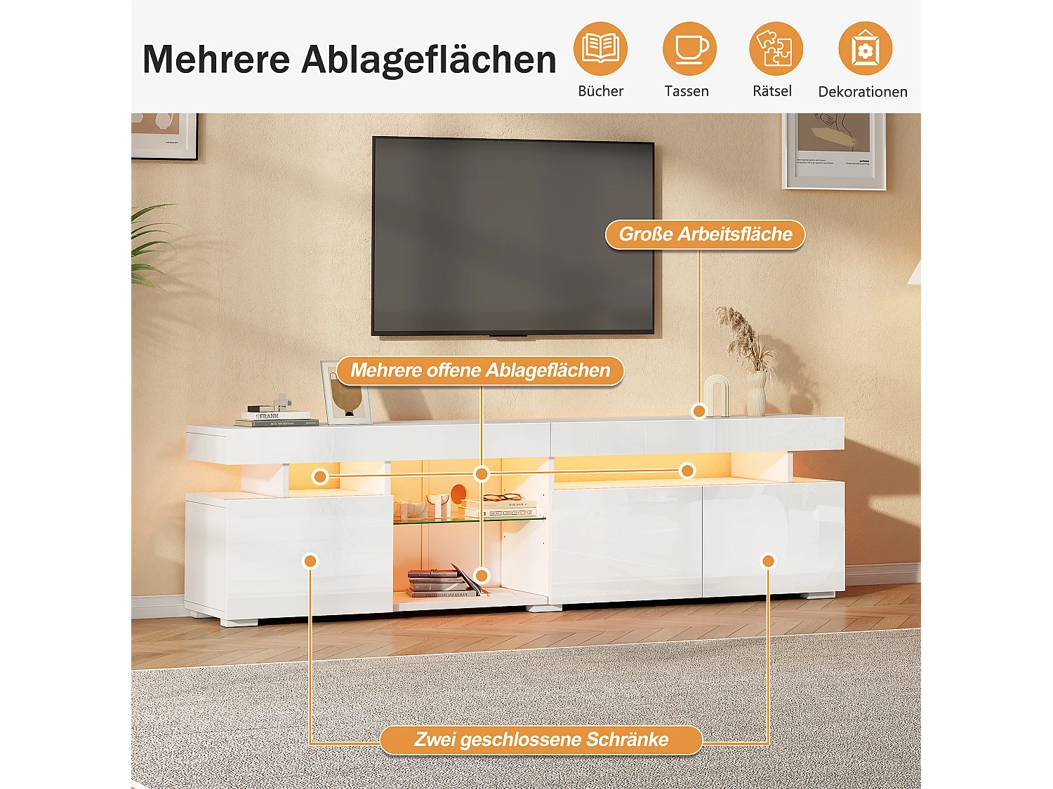 Hochglänzender TV-Schrank 180x35x45 cm - 3 Türen - Mit LED - Höhenverstellbare Einlegeböden aus Sicherheitsglas - Spanplatten - Weiß