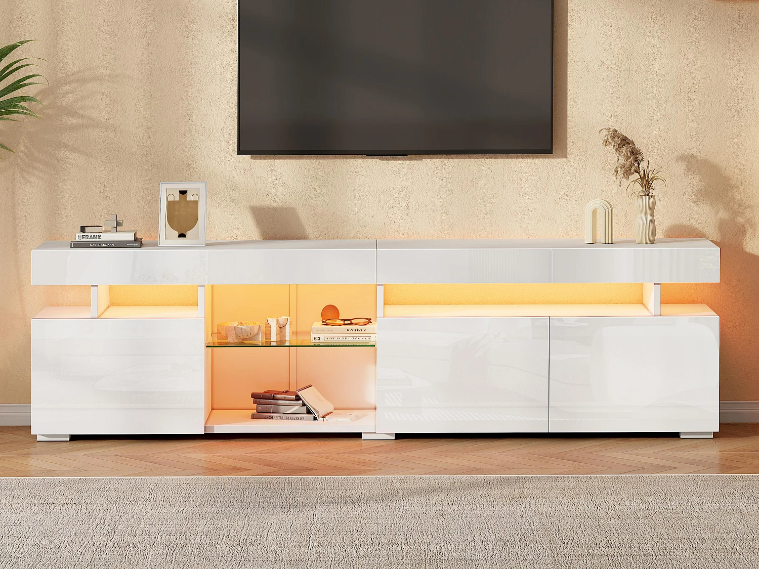 High-gloss lacquered TV stand 180x35x45 cm - 3 doors - With LED lighting - Adjustable tempered glass shelves - Particleboard - White