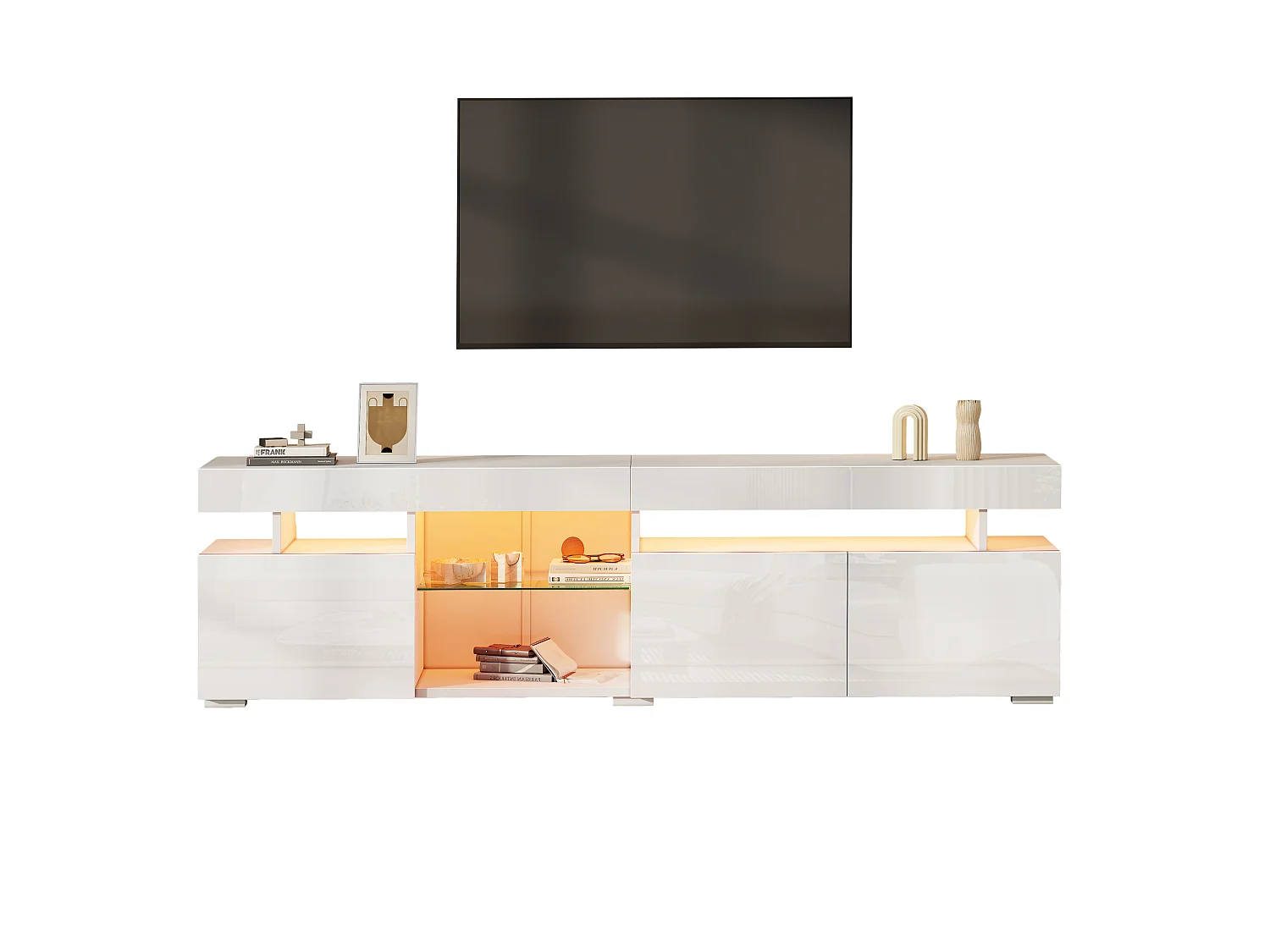 High-gloss lacquered TV stand 180x35x45 cm - 3 doors - With LED lighting - Adjustable tempered glass shelves - Particleboard - White