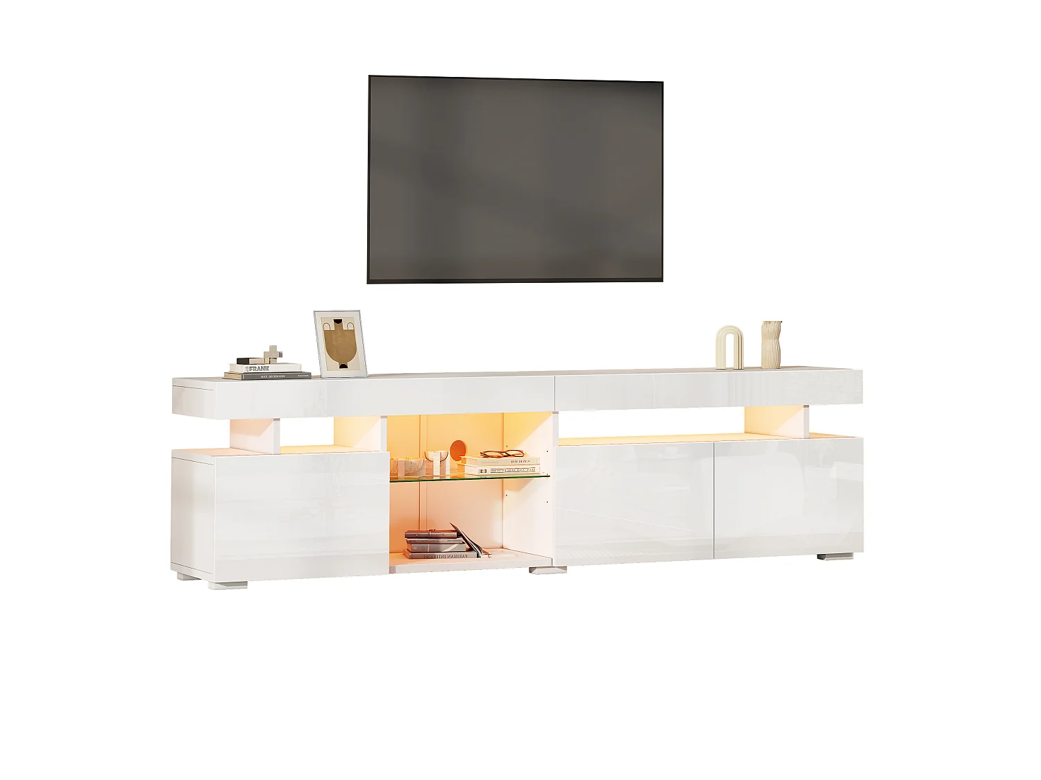 High-gloss lacquered TV stand 180x35x45 cm - 3 doors - With LED lighting - Adjustable tempered glass shelves - Particleboard - White