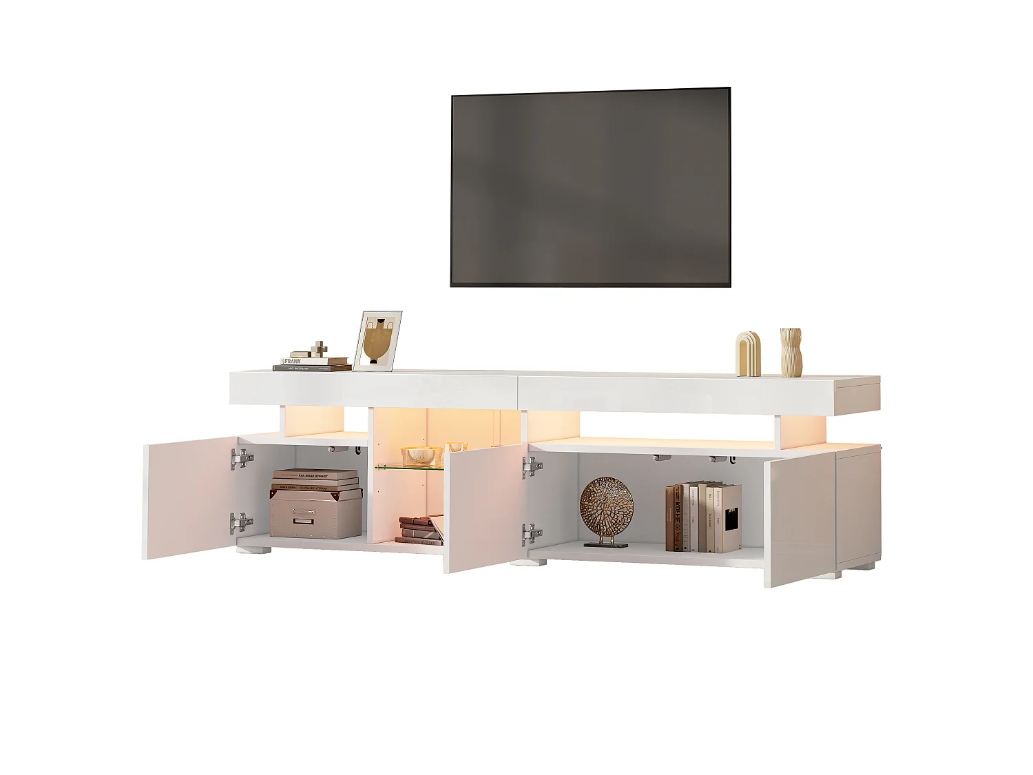High-gloss lacquered TV stand 180x35x45 cm - 3 doors - With LED lighting - Adjustable tempered glass shelves - Particleboard - White