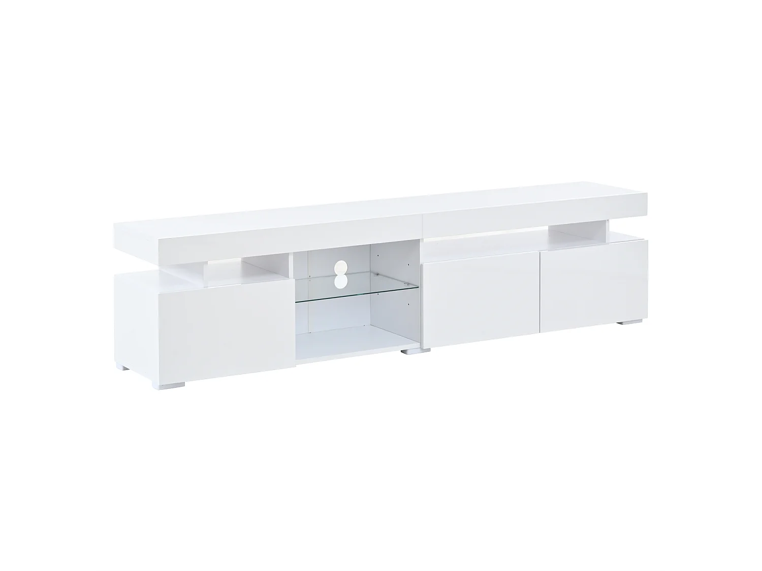 High-gloss lacquered TV stand 180x35x45 cm - 3 doors - With LED lighting - Adjustable tempered glass shelves - Particleboard - White