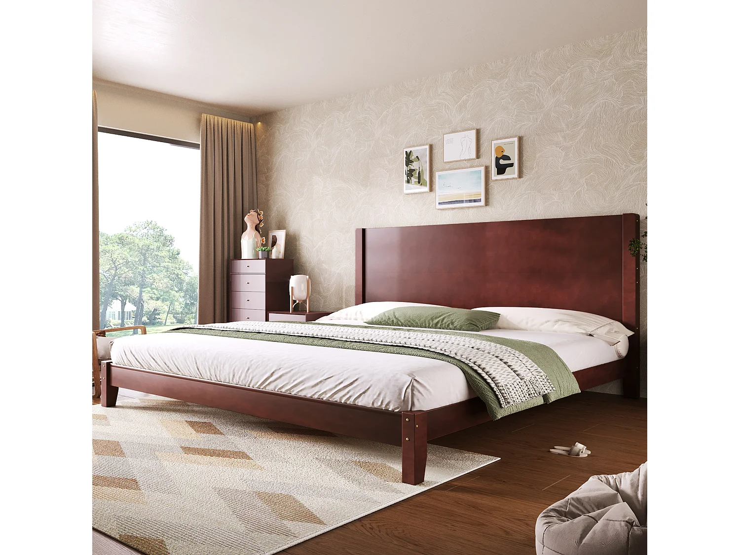 Łóżko dwuosobowe platformowe - 180 x 200 cm - z zagłówkiem i stelażem - MDF - brązowe