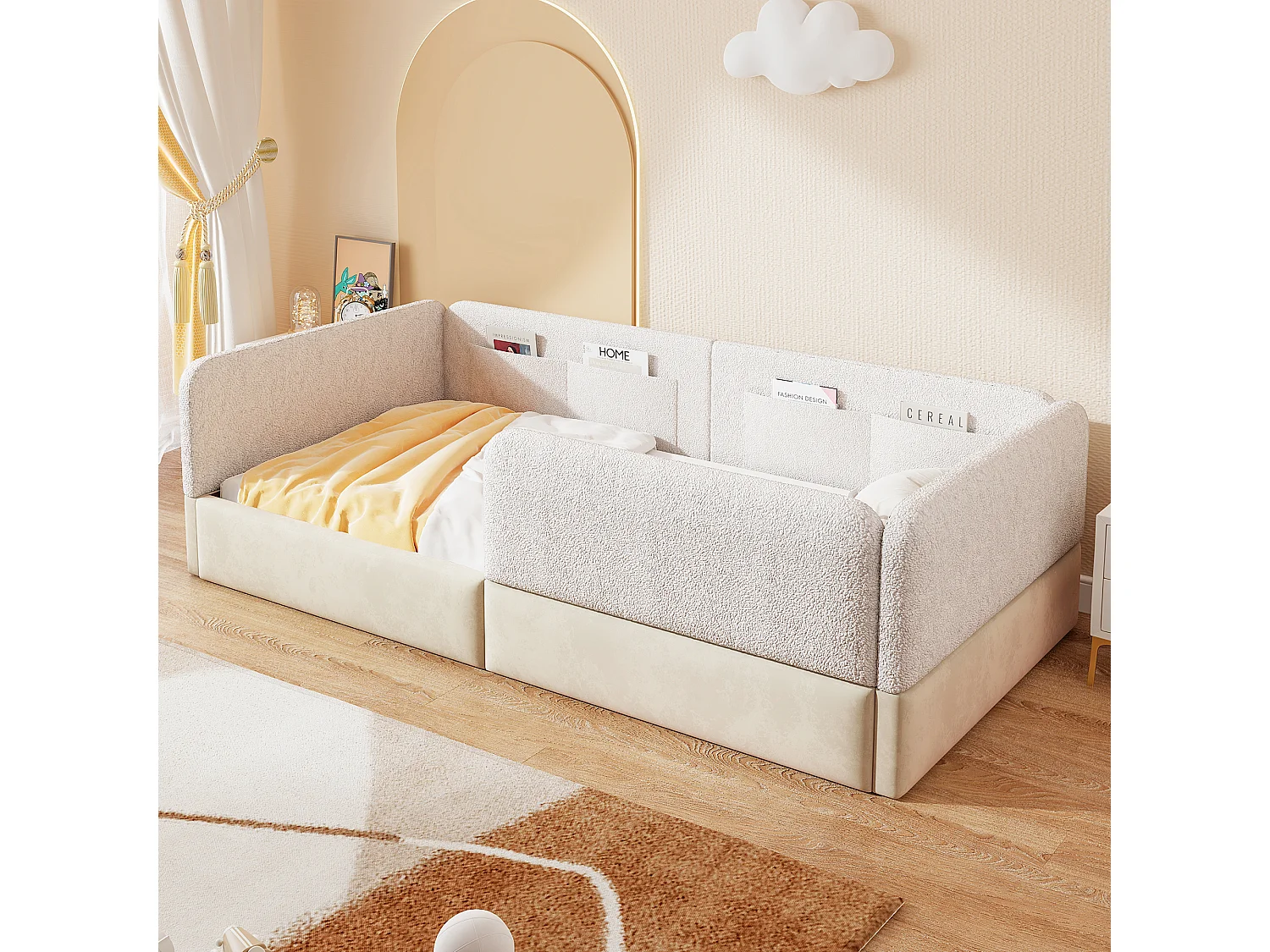 Gepolstertes Plattformbett für Kinder – 90 x 200 cm – mit Sicherheitsgitter + Aufbewahrungstasche – MDF + PU – weiß