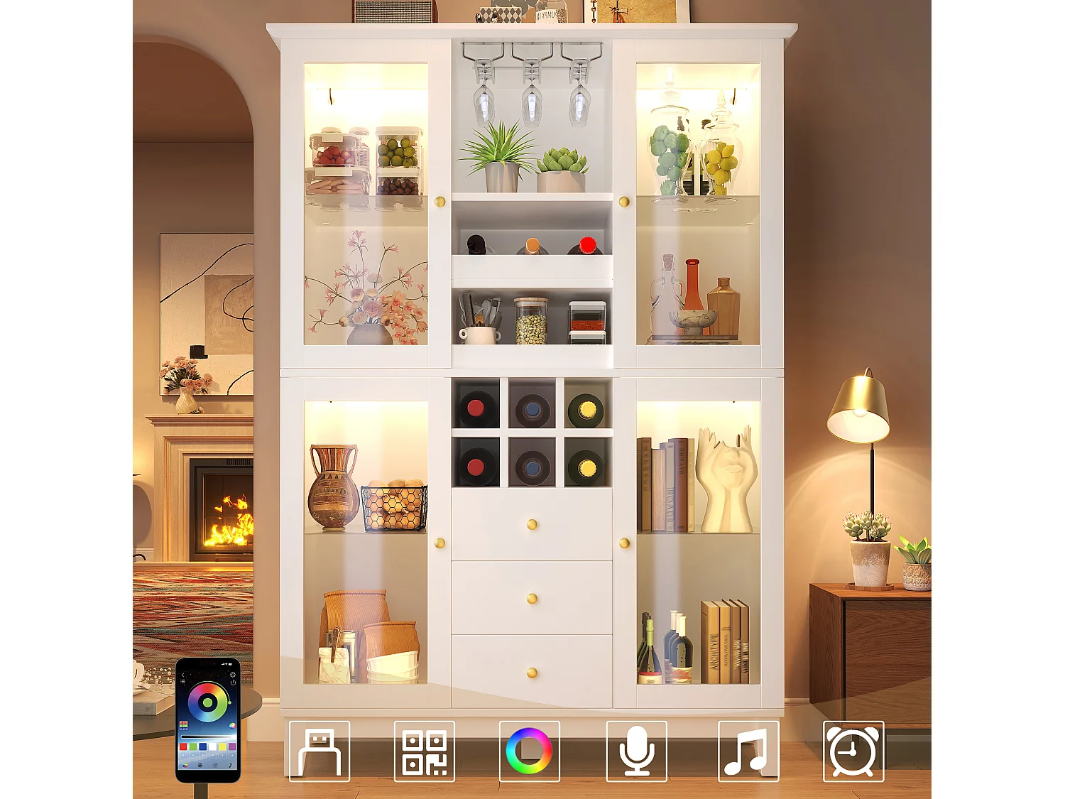 Buffet haut de cuisine moderne - 180.5 x 40 x 120 cm - avec 3 tiroirs + porte-verres + cave à vin + Leds - MDF - blanc