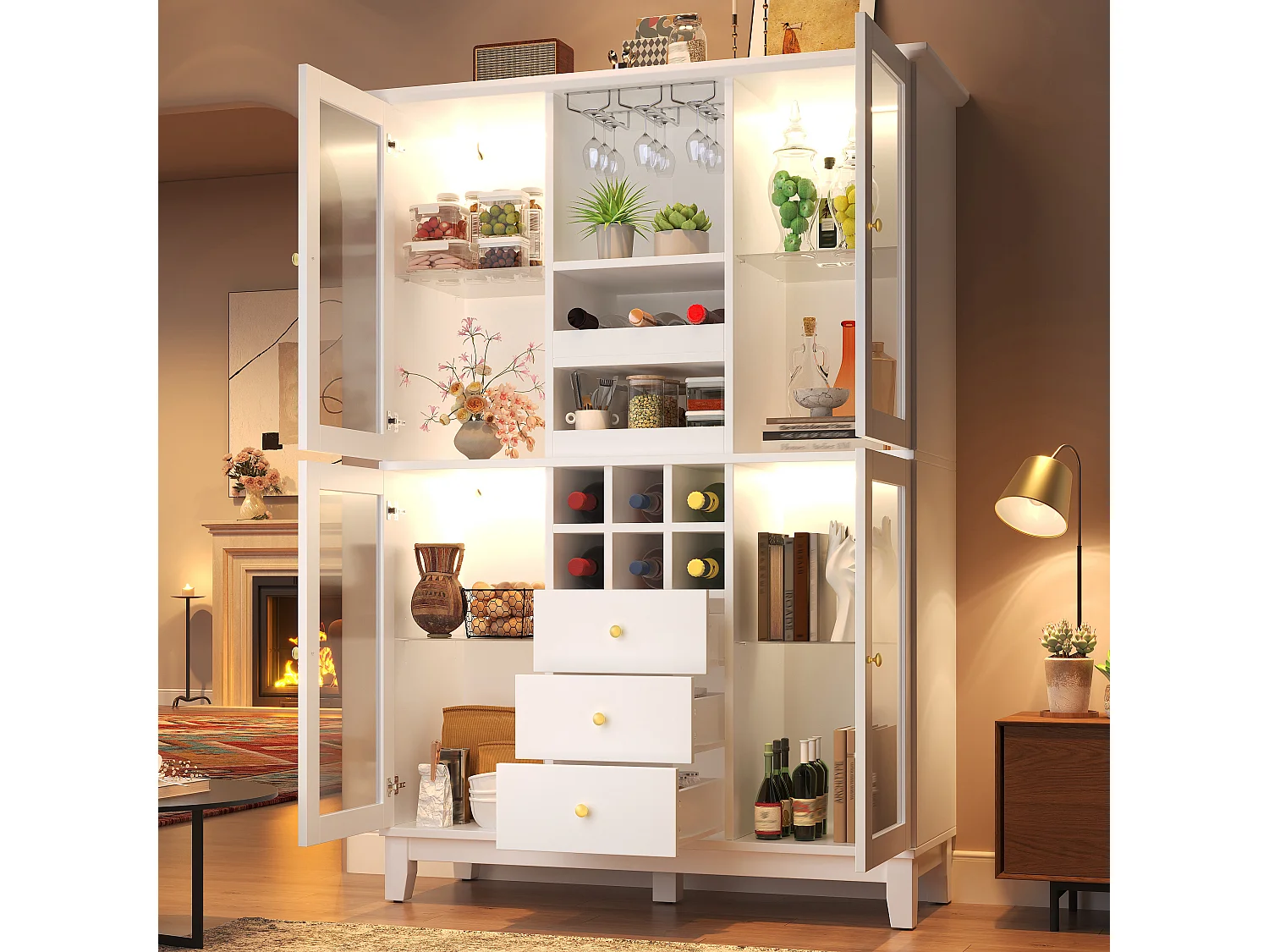 Buffet haut de cuisine moderne - 180.5 x 40 x 120 cm - avec 3 tiroirs + porte-verres + cave à vin + Leds - MDF - blanc