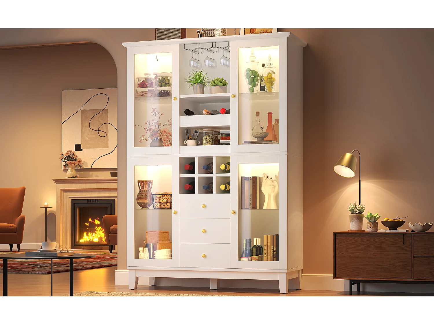 Buffet haut de cuisine moderne - 180.5 x 40 x 120 cm - avec 3 tiroirs + porte-verres + cave à vin + Leds - MDF - blanc