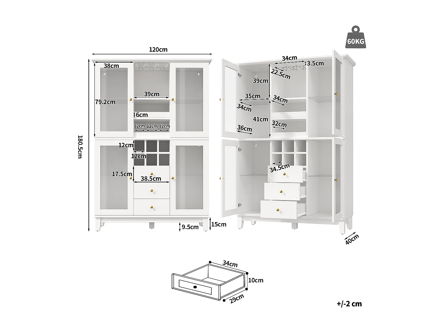 Buffet haut de cuisine moderne - 180.5 x 40 x 120 cm - avec 3 tiroirs + porte-verres + cave à vin + Leds - MDF - blanc