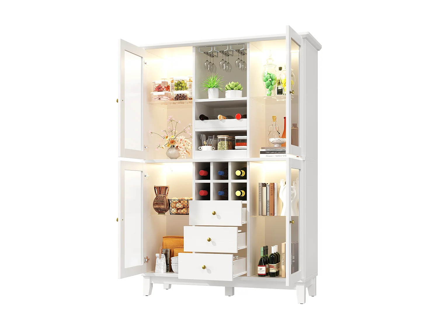 Buffet haut de cuisine moderne - 180.5 x 40 x 120 cm - avec 3 tiroirs + porte-verres + cave à vin + Leds - MDF - blanc