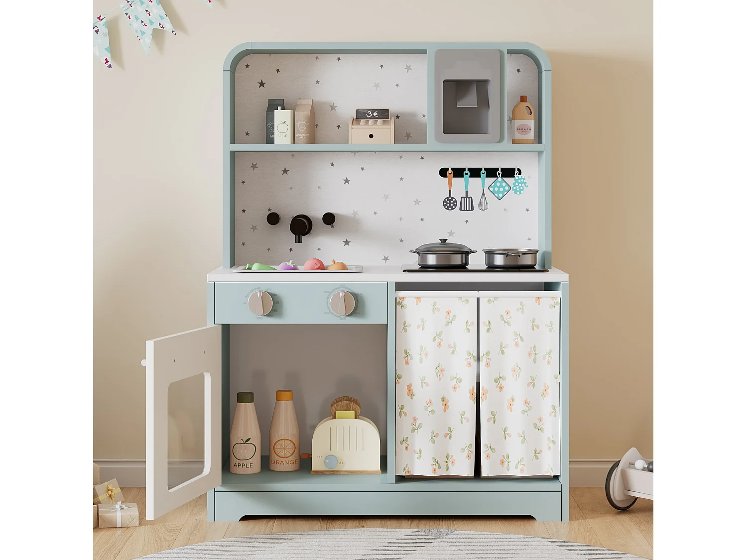 Cuisine Enfants en bois 60x29x81cm - cuisine entièrement équipée - Jouet d’Imitation pour 3 Ans+ (Bleu)