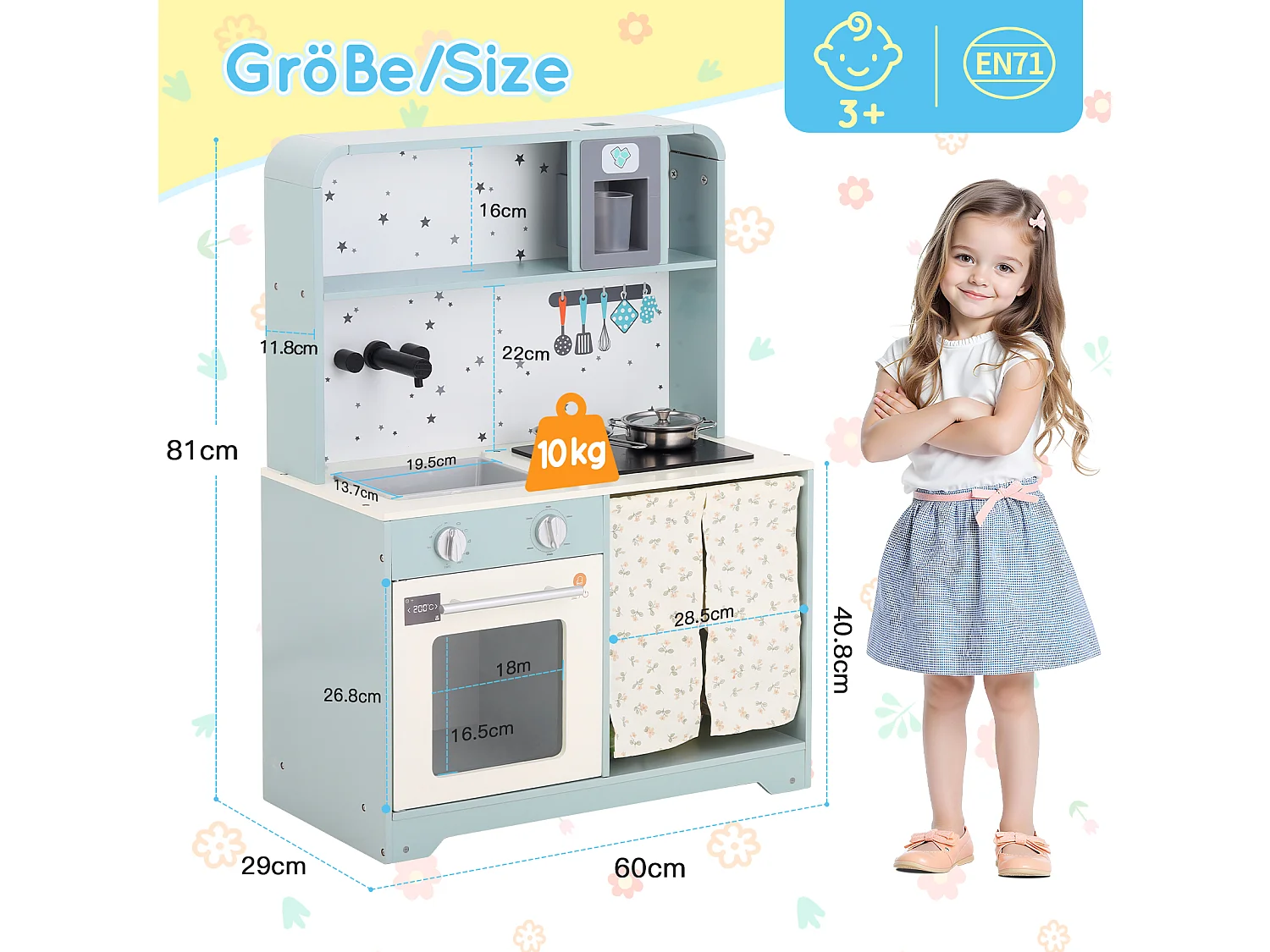 Cuisine Enfants en bois 60x29x81cm - cuisine entièrement équipée - Jouet d’Imitation pour 3 Ans+ (Bleu)