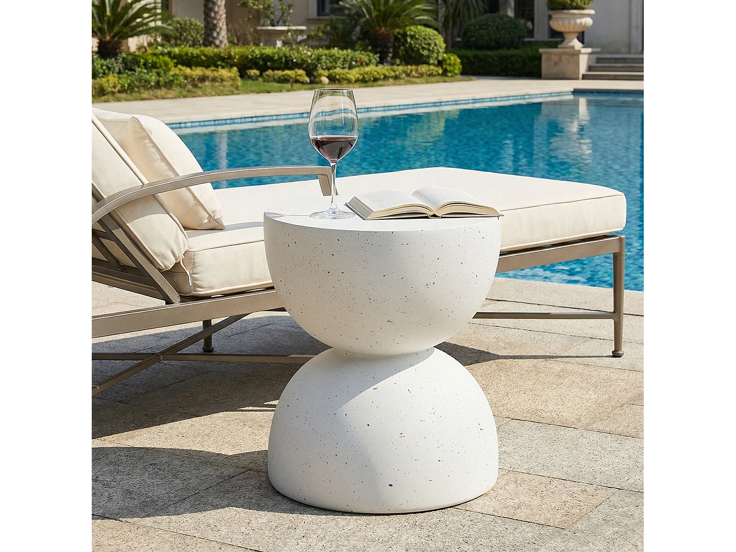 Bout de Canapé de Jardin Moderne en MgO - Table d'Appoint Sablier Aspect Terrazzo Blanc - Blanc